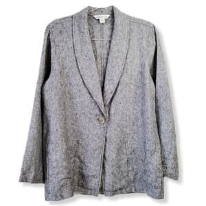 Women Gray Linen Boyfriend Blazer Jacket M Natural Neutral Coastal Career NEW